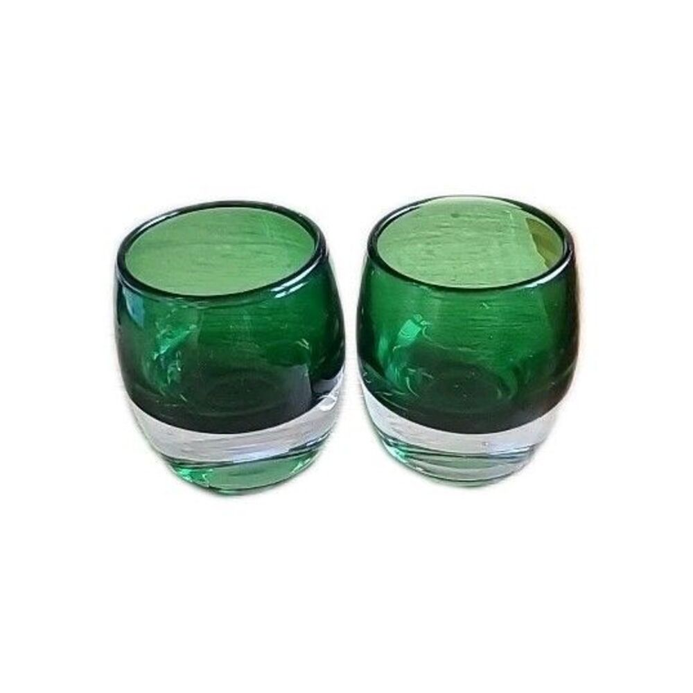 Crate & Barrel 2 Hand Blown Glass Candle Holders Emerald Green to Clear 3 inch